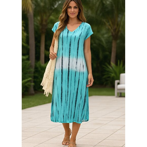 XCVI Mindset Maxi Dress Ombre Tie Dye Print Lagenlook size M Relaxed Resort Boho - Picture 1 of 11